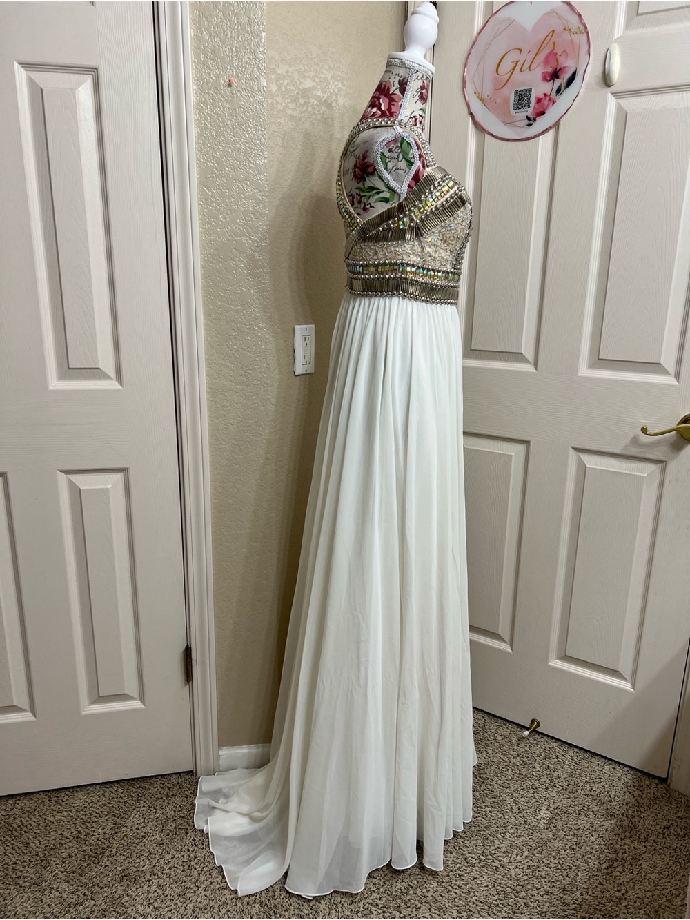 Terani Couture White Maxi Gown with Silver Embellished Bodice - Picture 2 of 8